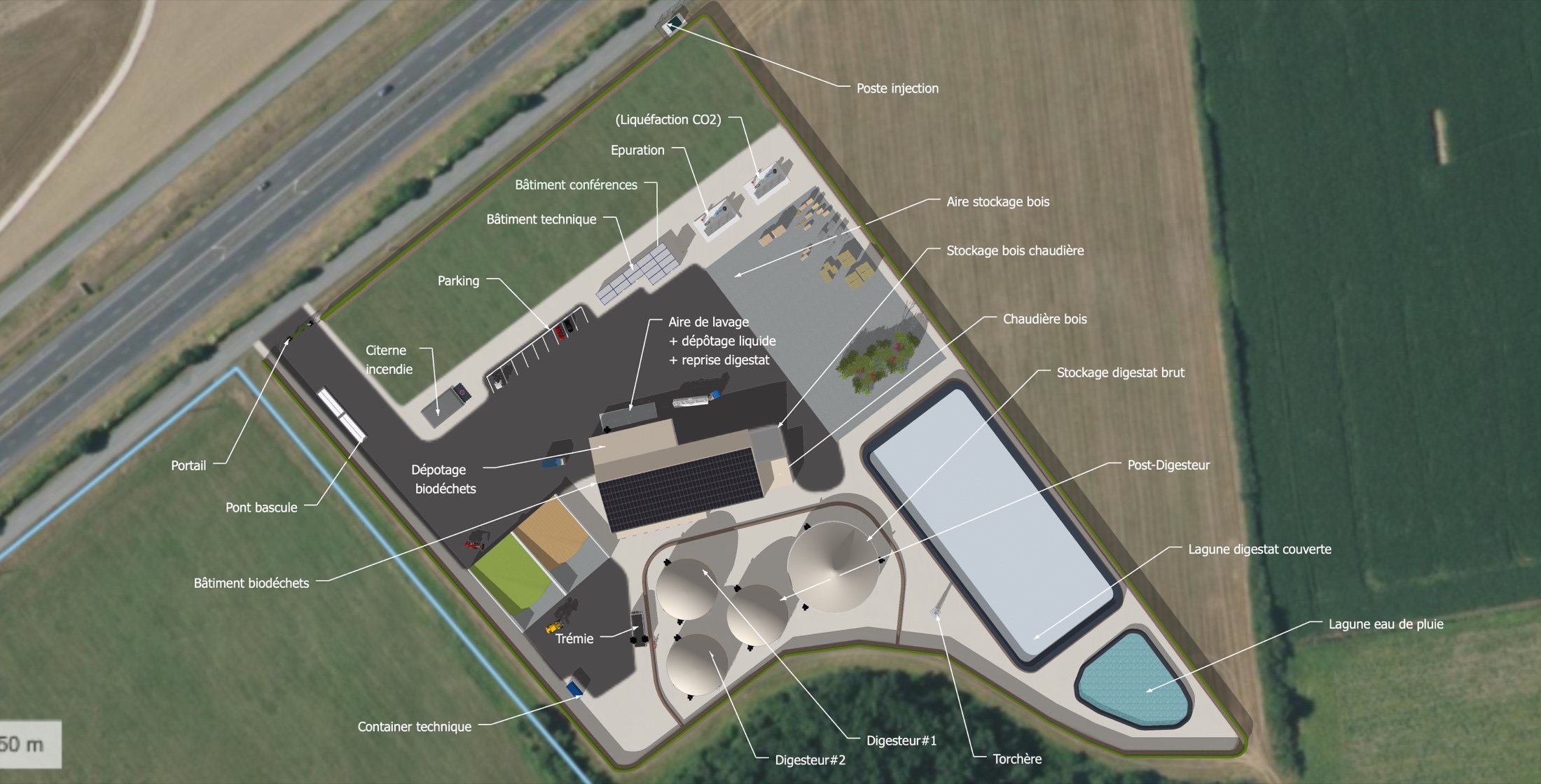 Plan masse annoté de Sud-Waste GARONNE sur vue satellite : portail, pont bascule, parking, bâtiment biodéchets, trémie, digesteurs 1 et 2, post-digesteur, stockage digestat brut, lagune digestat couverte, lagune eau de pluie, chaudière bois, épuration et poste d'injection.